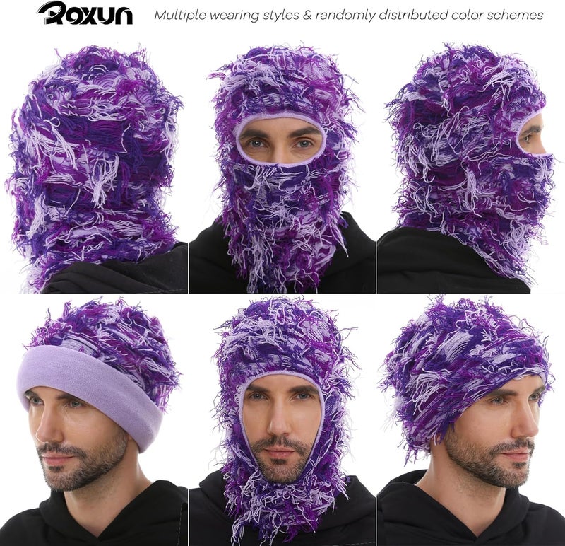 ROXUN Distressed Ski Mask Balaclava, Yeat Shiesty Fluffy Knitted Full Face Mask for Men/Women - Image 2